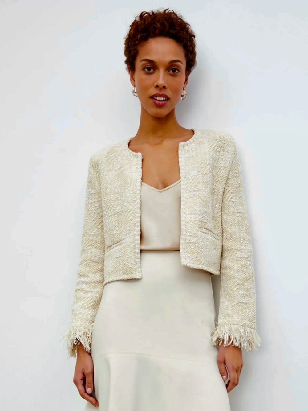 M.M.LaFleur Lilia Jacket Japanese Tweed w Fringe Trim in Ivory White Sz Small